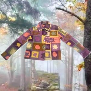 Colorful Patchwork Art Fleece button Jacket funky groovy nature leaves stars